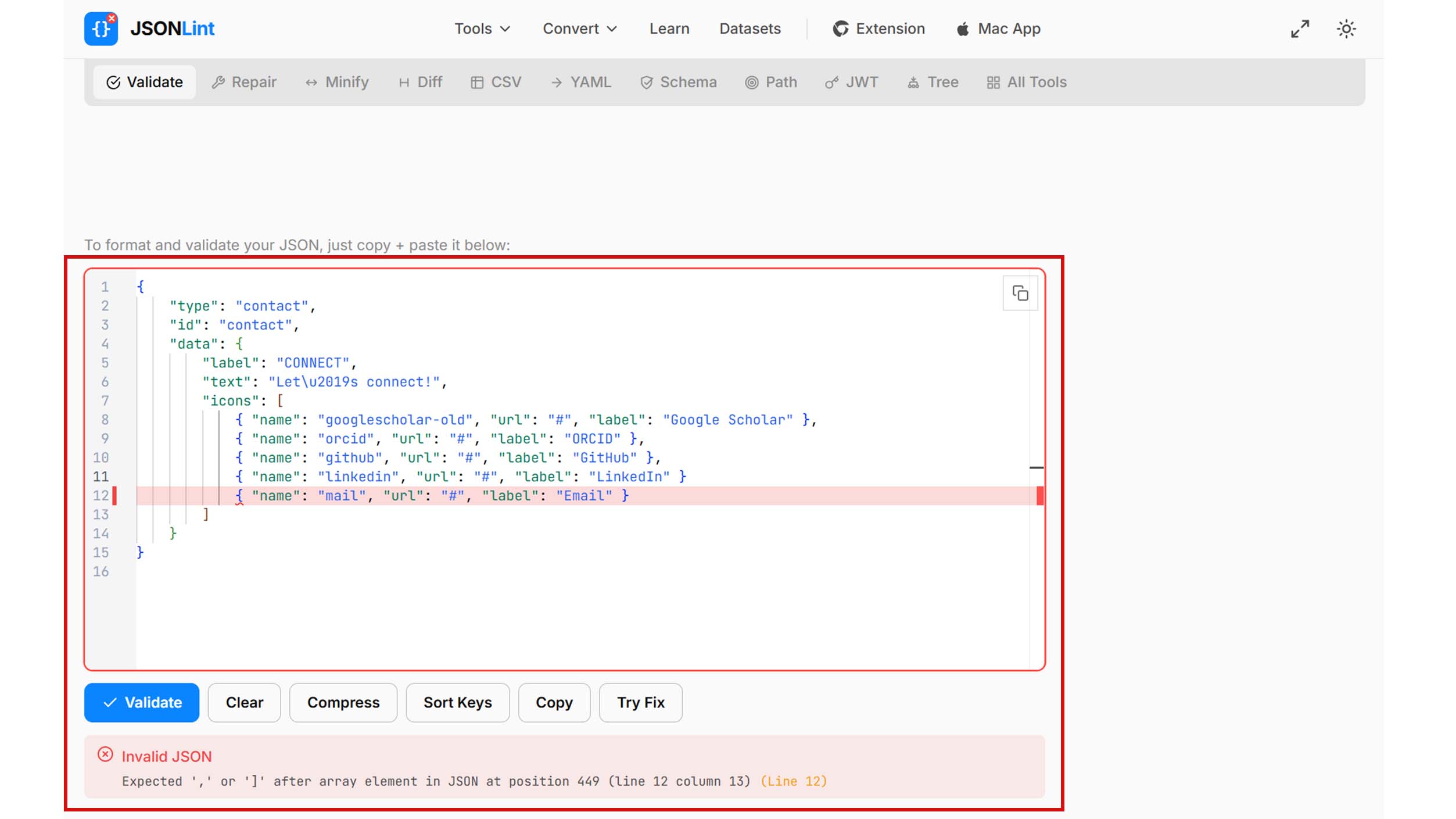 Invalid JSON red